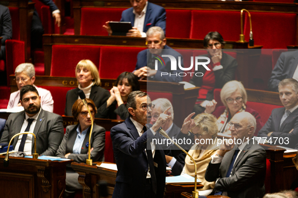 Bruno Retailleau, the French Minister of the Interior, speaks at the public session of questions to the French government at the National As...