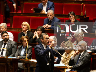 Bruno Retailleau, the French Minister of the Interior, speaks at the public session of questions to the French government at the National As...