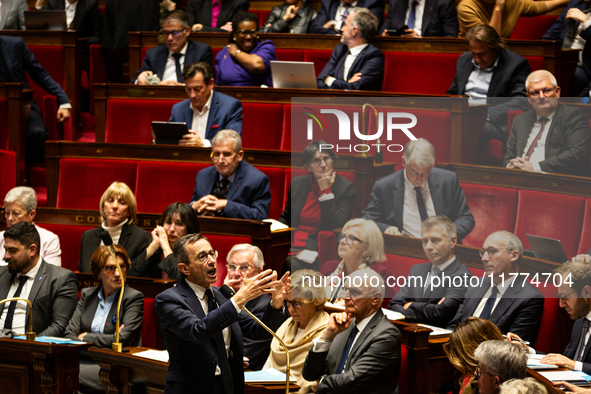 Bruno Retailleau, the French Minister of the Interior, speaks at the public session of questions to the French government at the National As...