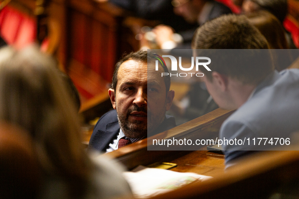 Sebastien Chenu, deputy of the Rassemblement National group, is seen during the session of questions to the French government at the Nationa...