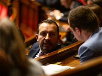 Sebastien Chenu, deputy of the Rassemblement National group, is seen during the session of questions to the French government at the Nationa...