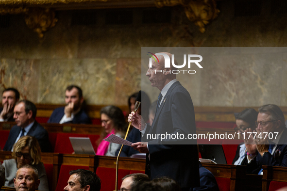 Rene Lioret, deputy of the Rassemblement National group, speaks during the session of questions to the French government at the National Ass...