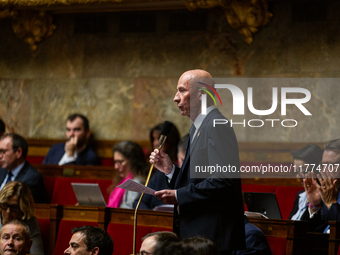 Rene Lioret, deputy of the Rassemblement National group, speaks during the session of questions to the French government at the National Ass...