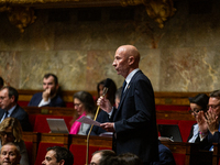 Rene Lioret, deputy of the Rassemblement National group, speaks during the session of questions to the French government at the National Ass...