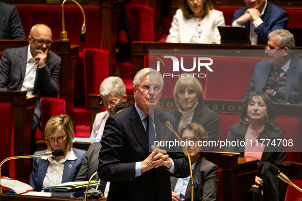 Michel Barnier, the French Prime Minister, speaks at the public session of questions to the French government at the National Assembly in Pa...