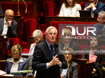 Michel Barnier, the French Prime Minister, speaks at the public session of questions to the French government at the National Assembly in Pa...