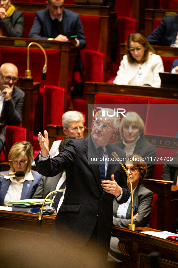 Michel Barnier, the French Prime Minister, speaks at the public session of questions to the French government at the National Assembly in Pa...