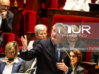 Michel Barnier, the French Prime Minister, speaks at the public session of questions to the French government at the National Assembly in Pa...