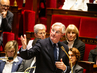 Michel Barnier, the French Prime Minister, speaks at the public session of questions to the French government at the National Assembly in Pa...