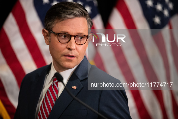 House Speaker Mike Johnson (R-LA) arrives for a press conference on Capitol Hill in Washington, DC, on November 13, 2024.  They were elected...