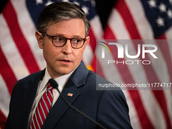 House Speaker Mike Johnson (R-LA) arrives for a press conference on Capitol Hill in Washington, DC, on November 13, 2024.  They were elected...