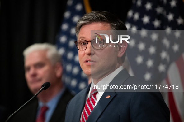 House Speaker Mike Johnson (R-LA) speaks at a press conference with House Republican leaders following caucus elections on Capitol Hill in W...