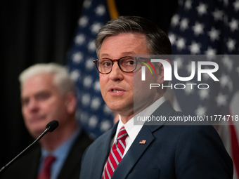 House Speaker Mike Johnson (R-LA) speaks at a press conference with House Republican leaders following caucus elections on Capitol Hill in W...