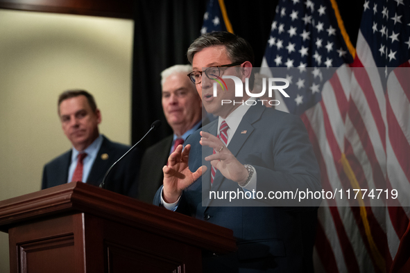 House Speaker Mike Johnson (R-LA) speaks at a press conference with House Republican leaders following caucus elections on Capitol Hill in W...