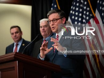 House Speaker Mike Johnson (R-LA) speaks at a press conference with House Republican leaders following caucus elections on Capitol Hill in W...