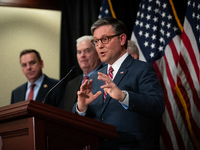 House Speaker Mike Johnson (R-LA) speaks at a press conference with House Republican leaders following caucus elections on Capitol Hill in W...