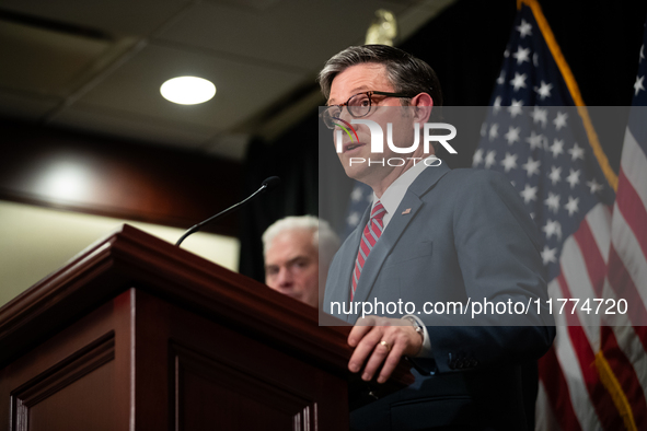 House Speaker Mike Johnson (R-LA) takes questions at a press conference with House Republican leaders following caucus elections on Capitol...