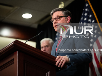 House Speaker Mike Johnson (R-LA) takes questions at a press conference with House Republican leaders following caucus elections on Capitol...