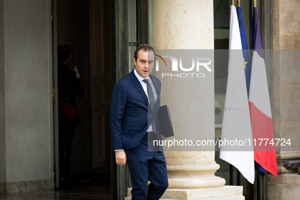 Sebastien Lecornu, Minister of Arms and Veterans Affairs, is seen at the end of the council of the French ministers in the main courtyard of...