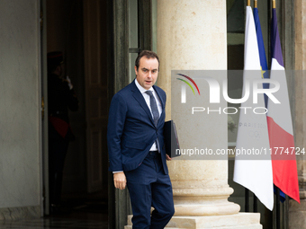 Sebastien Lecornu, Minister of Arms and Veterans Affairs, is seen at the end of the council of the French ministers in the main courtyard of...