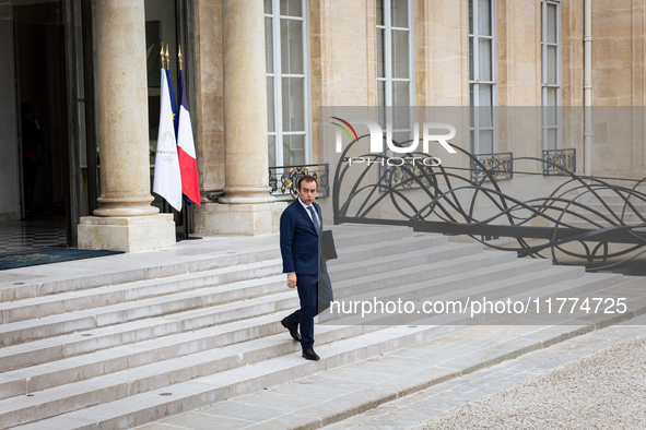 Sebastien Lecornu, Minister of Arms and Veterans Affairs, is seen at the end of the council of the French ministers in the main courtyard of...