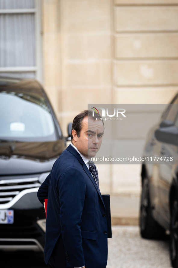 Sebastien Lecornu, Minister of Arms and Veterans Affairs, is seen at the end of the council of the French ministers in the main courtyard of...