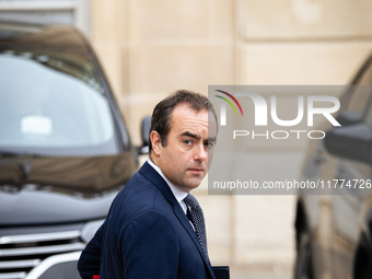 Sebastien Lecornu, Minister of Arms and Veterans Affairs, is seen at the end of the council of the French ministers in the main courtyard of...