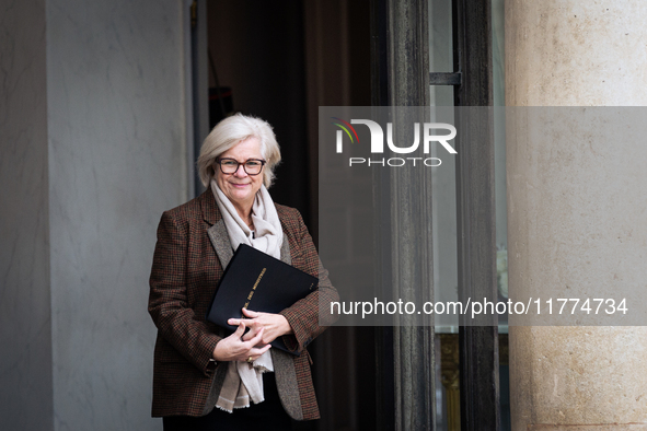 Catherine Vautrin, minister for regional partnership and decentralization, is seen at the end of the council of the French ministers in the...