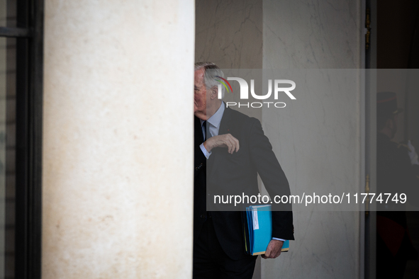 Michel Barnier, the French Prime Minister, is seen at the end of the council of the French ministers in the main courtyard of the Elysee Pal...