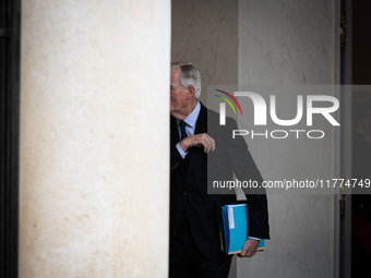 Michel Barnier, the French Prime Minister, is seen at the end of the council of the French ministers in the main courtyard of the Elysee Pal...