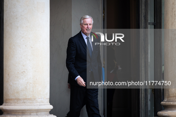 Michel Barnier, the French Prime Minister, is seen at the end of the council of the French ministers in the main courtyard of the Elysee Pal...