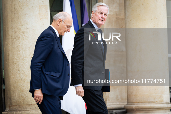 Didier Migaud, Keeper of the Seals and Minister of Justice, and Michel Barnier, French Prime Minister, are seen at the end of the council of...