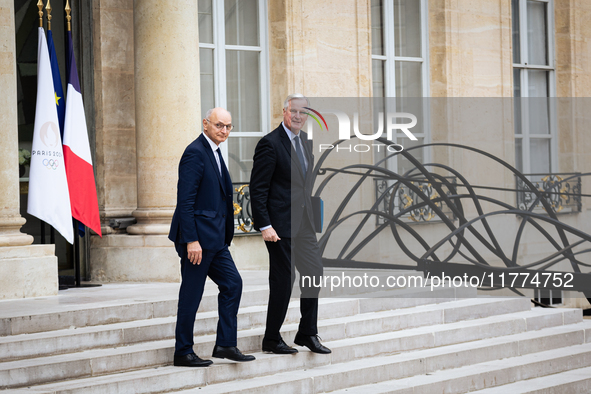 Didier Migaud, Keeper of the Seals and Minister of Justice, and Michel Barnier, French Prime Minister, are seen at the end of the council of...