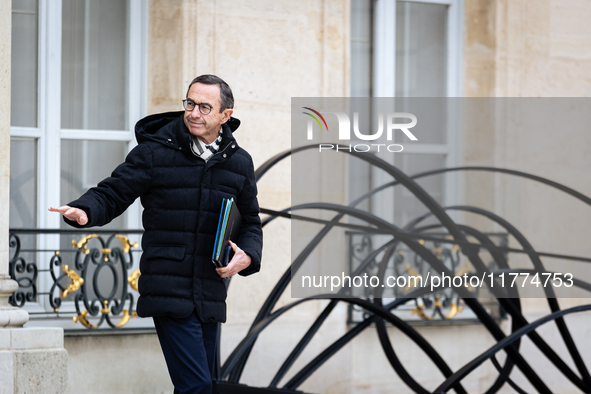 Bruno Retailleau, French Minister of the Interior, is seen at the end of the council of the French ministers in the main courtyard of the El...