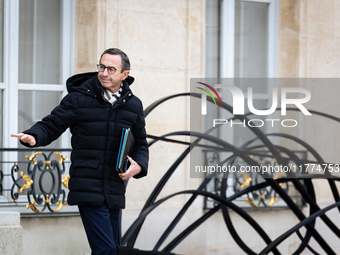 Bruno Retailleau, French Minister of the Interior, is seen at the end of the council of the French ministers in the main courtyard of the El...