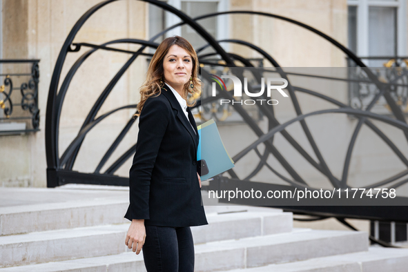 Maud Bregeon, the French government spokesperson, is seen at the end of the council of French ministers in the main courtyard of the Elysee...