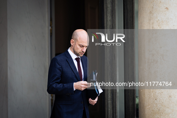 Jean Noel Barrot, Minister of Europe and Foreign Affairs, stands at the end of the council of the French ministers in the main courtyard of...