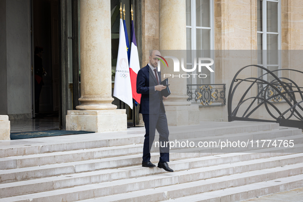 Jean Noel Barrot, Minister of Europe and Foreign Affairs, stands at the end of the council of the French ministers in the main courtyard of...