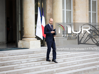 Jean Noel Barrot, Minister of Europe and Foreign Affairs, stands at the end of the council of the French ministers in the main courtyard of...