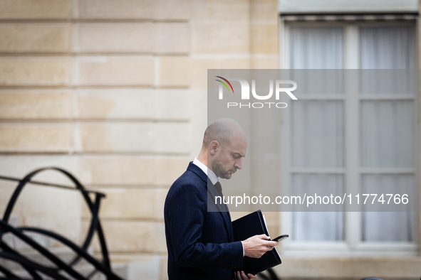 Jean Noel Barrot, Minister of Europe and Foreign Affairs, stands at the end of the council of the French ministers in the main courtyard of...