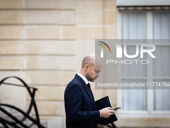 Jean Noel Barrot, Minister of Europe and Foreign Affairs, stands at the end of the council of the French ministers in the main courtyard of...