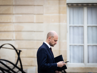 Jean Noel Barrot, Minister of Europe and Foreign Affairs, stands at the end of the council of the French ministers in the main courtyard of...