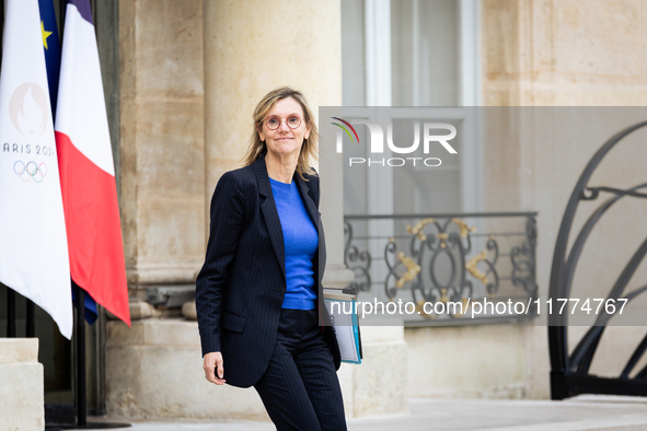 Agnes Pannier Runacher, French Minister of Ecology, Energy, Climate, and Risk Prevention, is seen at the end of the Council of the French Mi...