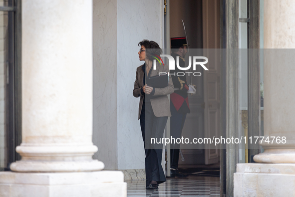 Rachida Dati, Minister for Culture and Heritage, is seen at the end of the council of the French ministers in the main courtyard of the Elys...