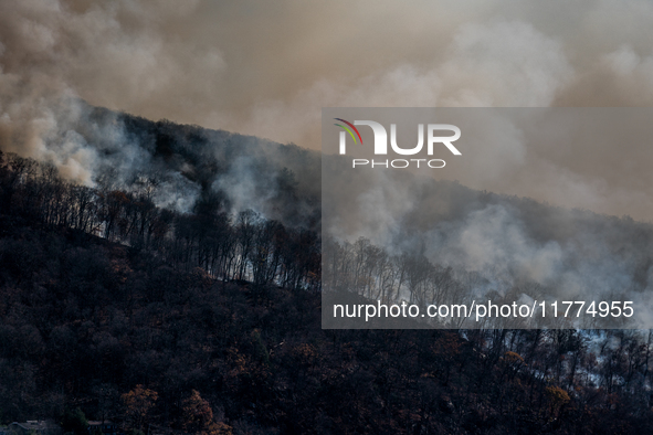 The Jennings Creek Wildfire burns near Greenwood Lake, NY, U.S., on November 13, 2024. The fire burns roughly 5000 acres with fire crews and...