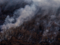 The Jennings Creek Wildfire burns near Greenwood Lake, NY, U.S., on November 13, 2024. The fire burns roughly 5000 acres with fire crews and...