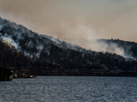 The Jennings Creek Wildfire burns near Greenwood Lake, NY, U.S., on November 13, 2024. The fire burns roughly 5000 acres with fire crews and...