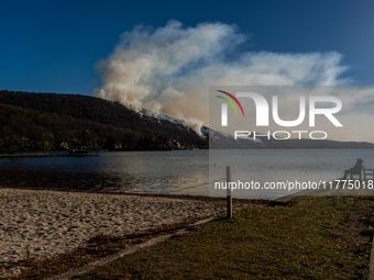 The Jennings Creek Wildfire burns near Greenwood Lake, NY, U.S., on November 13, 2024. The fire burns roughly 5000 acres with fire crews and...