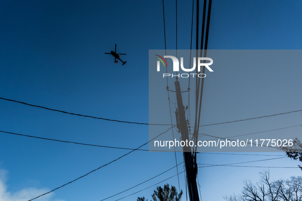 Army National Guard Blackhawk helicopters use water from Greenwood Lake to fight the Jennings Creek Wildfire in Greenwood Lake, NY, U.S., on...