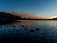 The Jennings Creek Wildfire burns near Greenwood Lake, NY, U.S., on November 13, 2024. The fire burns roughly 5000 acres with fire crews and...